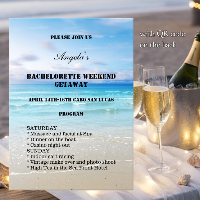 Plantilla de invitación para fin de semana de play (Bachelorette weekend getaway invitation program template with a colorful painting of a beach)