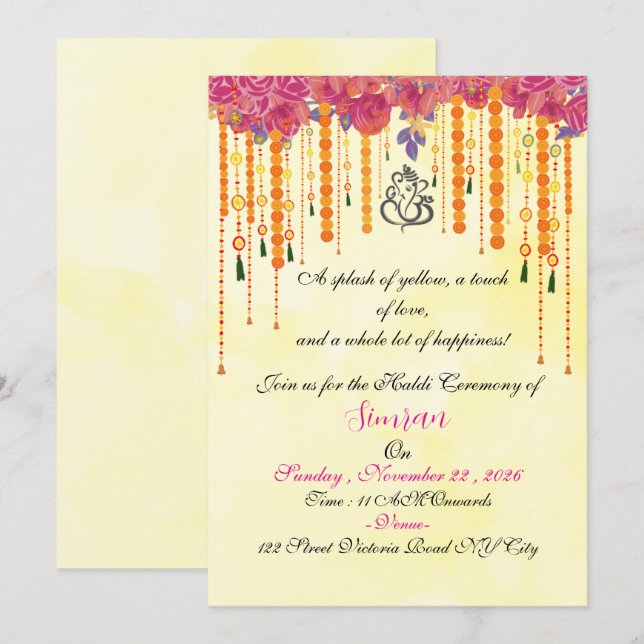 Plantilla de invitación para la ceremonia Haldi de (Anverso / Reverso)