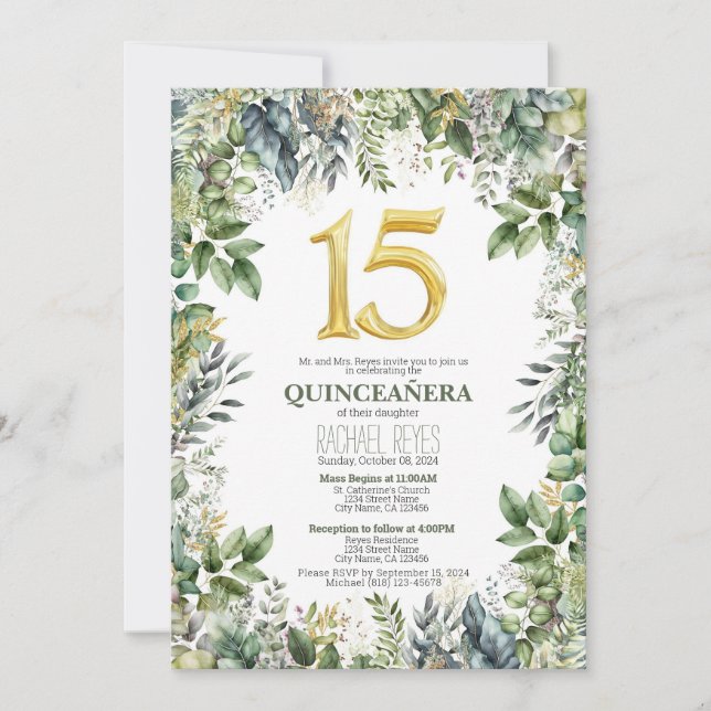 Plantilla de invitación Quinceañera con vegetación (Anverso)