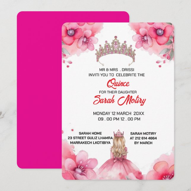 Plantilla de invitación Rubor rosa de Quinceañera  (Anverso / Reverso)