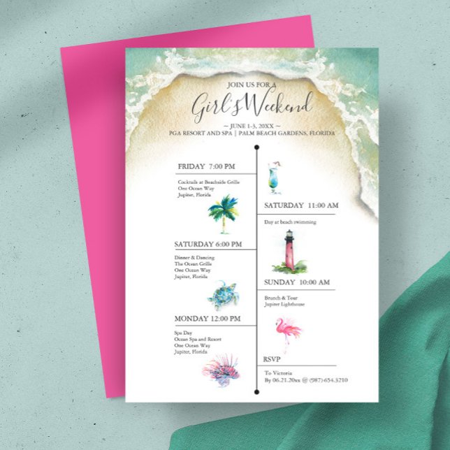 Plantilla de Invitación Tropical con Acuarela (Girl's weekend timeline invitation illustrated watercolor art Victoria Grigaliunas Do Tell A Belle)