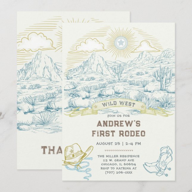 Plantilla de Invitación Vintage Primer Rodeo (Anverso / Reverso)