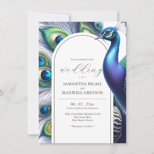 Plantilla de invitaciones a bodas de pavo real (Anverso)
