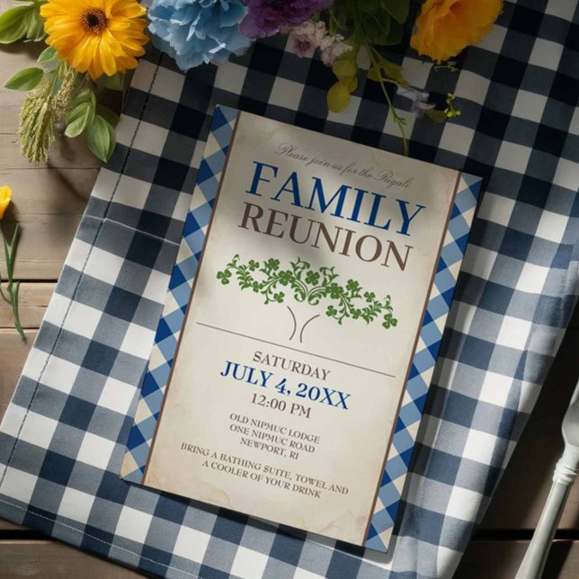 Plantilla de Invitaciones para Reunión Familiar (Family reunion invitations blue gingham and tree.)