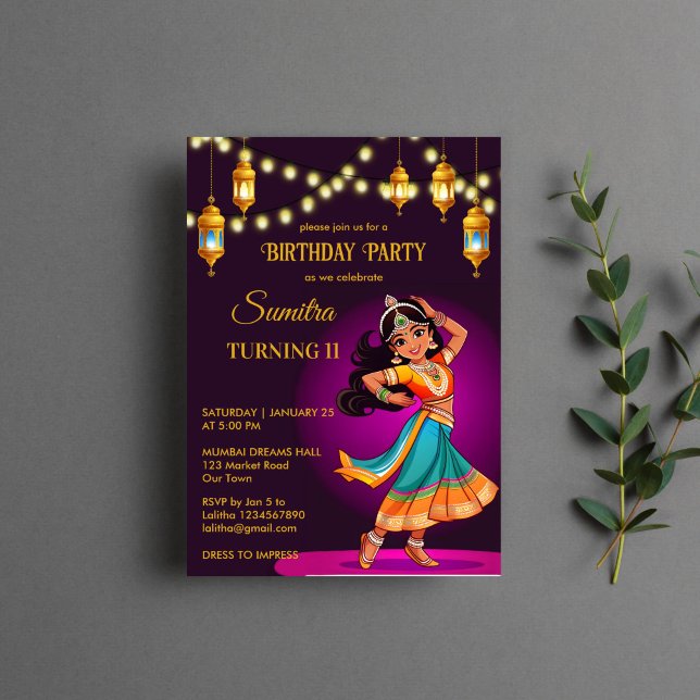 Plantilla de la fiesta de cumpleaños de las niñas  (Indian Bollywood girls birthday party template invitation digital download purple and gold cute girl)