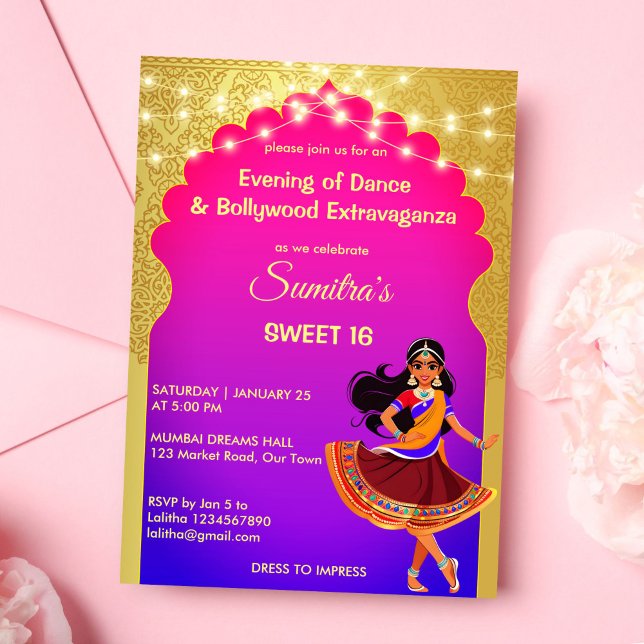 Plantilla de la fiesta de cumpleaños de las niñas  (Indian Bollywood girls birthday party template invitation digital download Indian style party invite)
