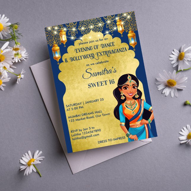 Plantilla de la fiesta de cumpleaños de las niñas  (Indian style Bollywood girls birthday party template invitation digital download blue and gold)
