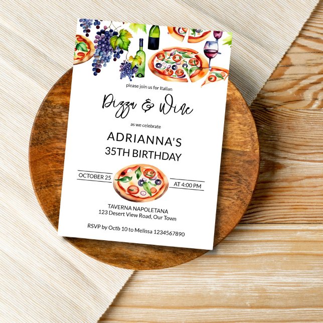 Plantilla de la fiesta de cumpleaños de pizza y vi (Pizza and wine adults birthday party editable template invitation digital download watercolor pizza)