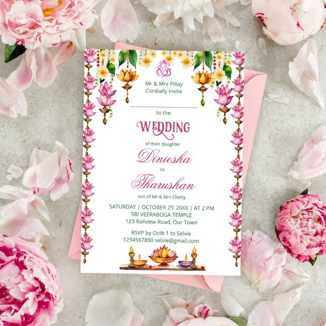 Plantilla de las guirnaldas de las lámparas de lot (South Indian Tamil wedding template invitation instant digital download pink lotus diya  garlands)