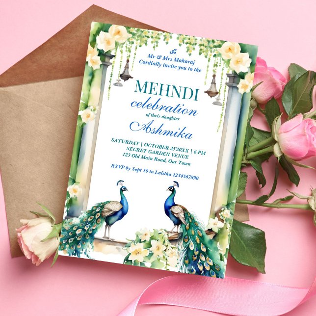 Plantilla de Mehndi, boda indio de pavo real y jaz (Mehndi peacock jasmine Indian wedding template invitation instant digital download peacocks gajra)