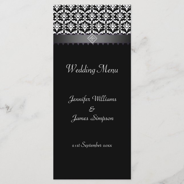 Plantilla de menú boda Damasco blanco y negro (Anverso)