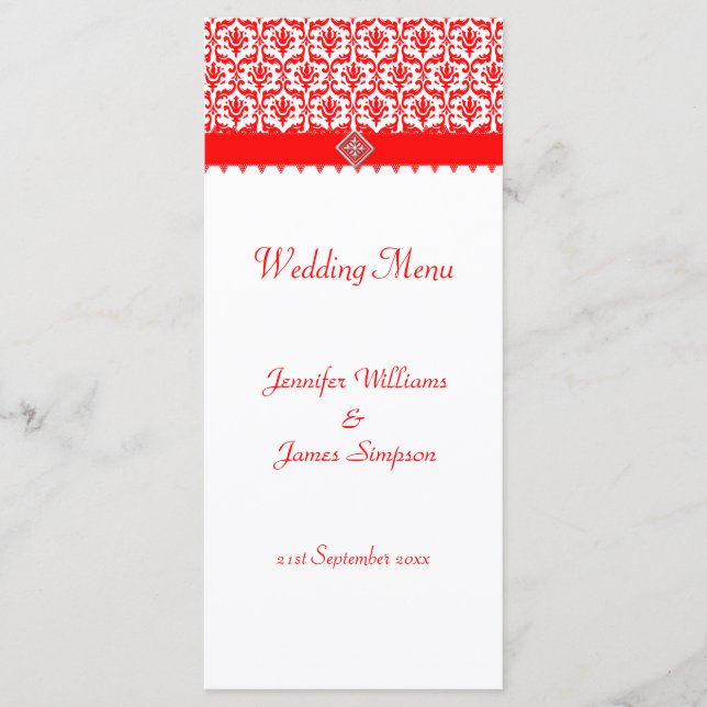 Plantilla de menú boda Damasco rojo y blanco (Anverso)