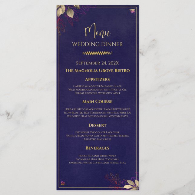 Plantilla de menú Boda floral de oro de marina (Anverso)