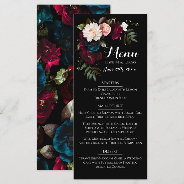 Plantilla de menú Boda floral negro elegante (Anverso / Reverso)