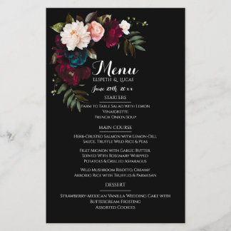 Plantilla de menú Boda floral negro elegante