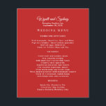 Plantilla de menú Boda rojo de recepción<br><div class="desc">La plantilla de menú boda rojo es barata y fácil de crear con plantillas de texto. El frente es rojo con texto blanco. Incluya los nombres, la ubicación y la fecha del evento en la parte superior. El título del menú, junto con todos los alimentos y bebidas que se sirven,...</div>