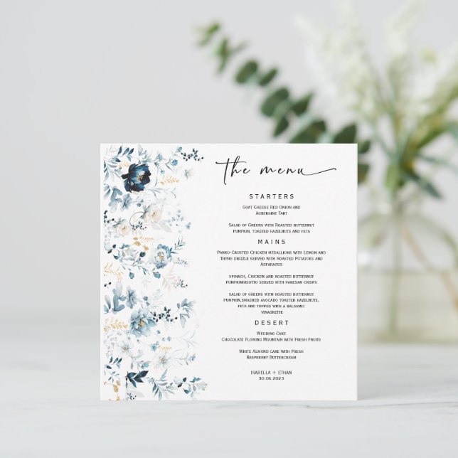 Plantilla de Menú de Boda Azul Marino y Dorado (Anverso de pie)