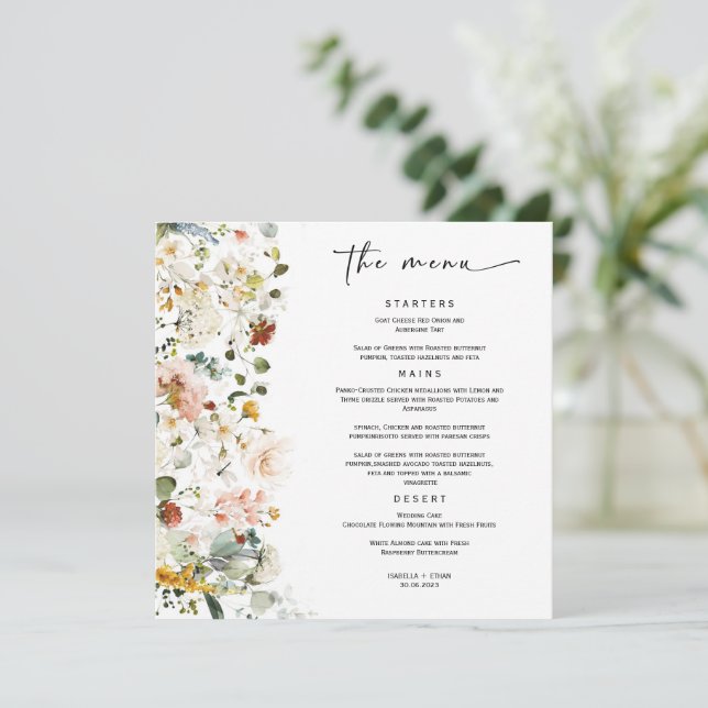 Plantilla de menú de boda boho Wildflower (Anverso de pie)