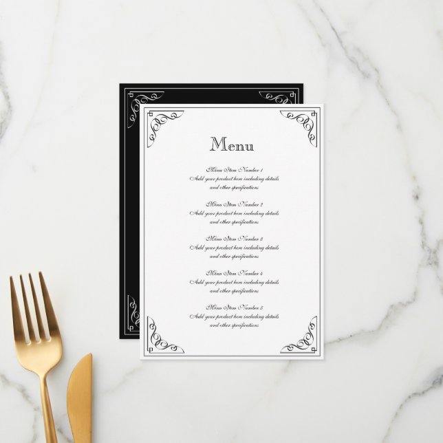 Plantilla de menú de boda con borde floreado chic  (Anverso/Reverso In Situ)