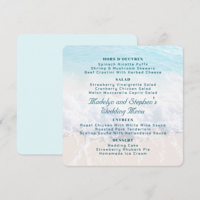 Plantilla de menú de boda con fondo de playa cuadr (Anverso / Reverso)