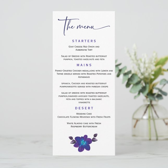 Plantilla de menú de boda de orquídea azul persona (Anverso de pie)