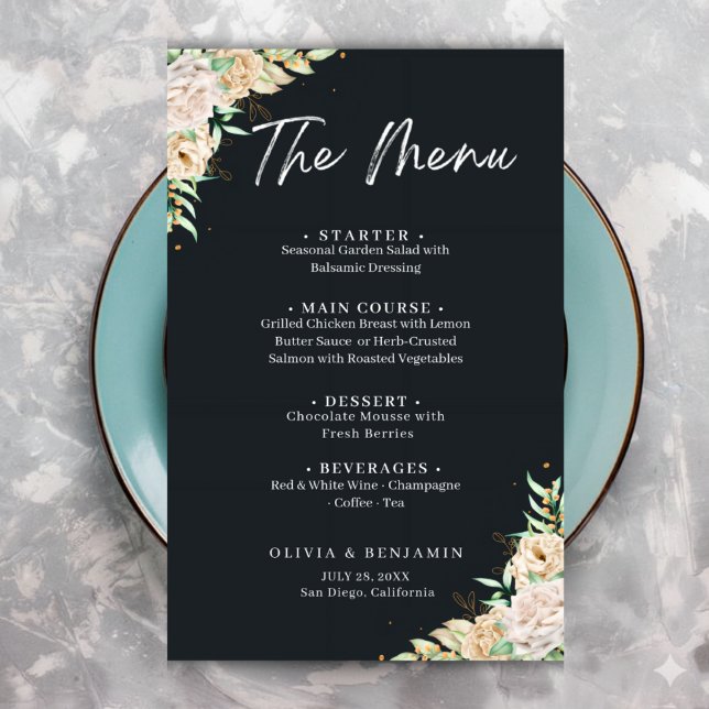 Plantilla de menú de boda floral negro elegante (Subido por el creador)