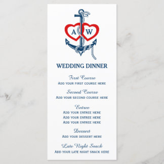 Plantilla de menú de cena Boda de ancla náutica