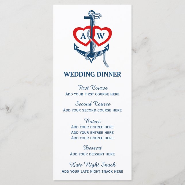 Plantilla de menú de cena Boda de ancla náutica (Anverso)