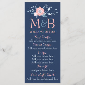 plantilla de menú de cena de boda azul y Rubor