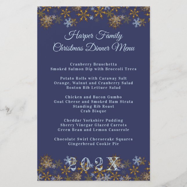 Plantilla de menú de cena de Navidad con copos de  (Anverso)