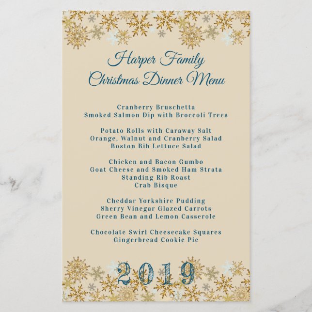 Plantilla de menú de cena de Navidad con copos de  (Anverso)