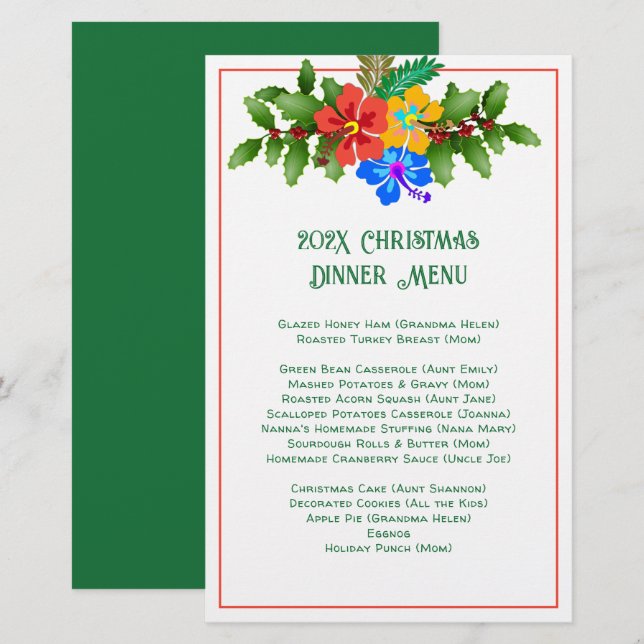 Plantilla de menú de hibisco para cena de Navidad  (Anverso / Reverso)