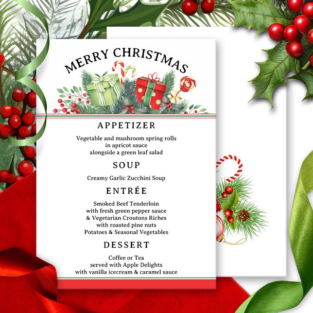 Plantilla de menú de Navidades clásicos caprichoso (Christmas menu card featuring a festive classic design in red and green with pine twigs and berries)