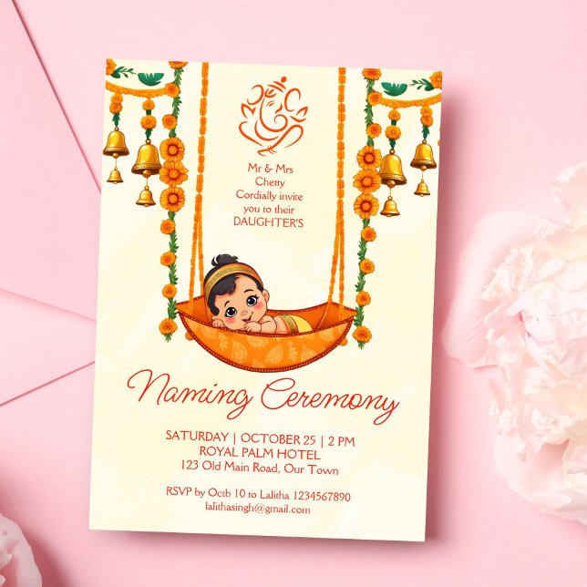 Plantilla de Nomenclatura de Bebés Cuna Ceremonia  (Baby Naming Cradle Hindu Ceremony editable template invitation digital download Namkarana invitation)
