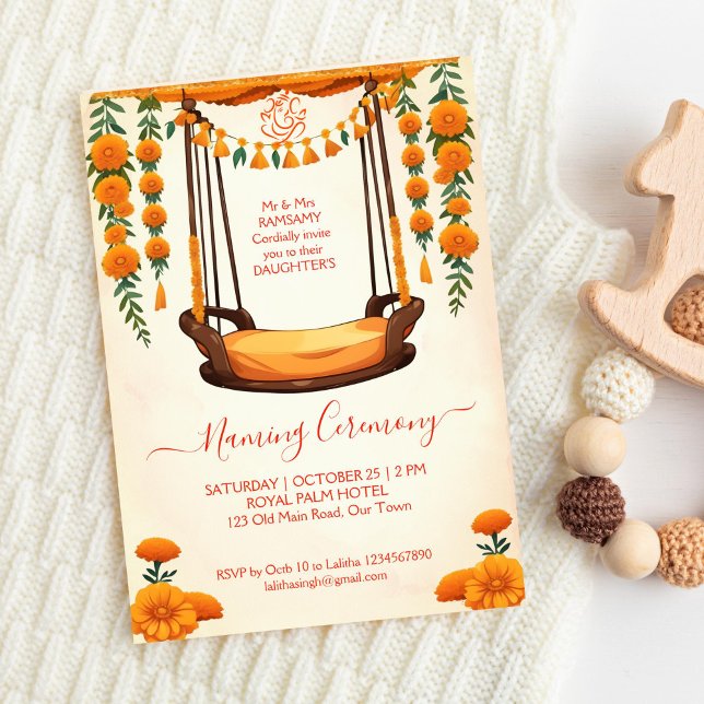 Plantilla de Nomenclatura de Bebés Cuna Ceremonia  (Baby Naming Cradle Indian Ceremony template invitation digital download marigold decor baby Namkaran)
