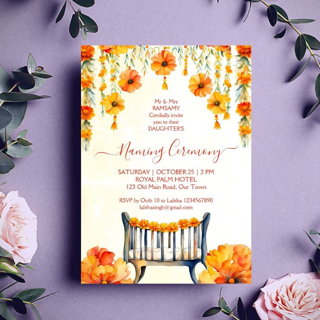 Plantilla de Nomenclatura de Bebés Cuna Ceremonia  (Baby Naming Cradle Indian Ceremony template invitation digital download orange yellow marigolds)