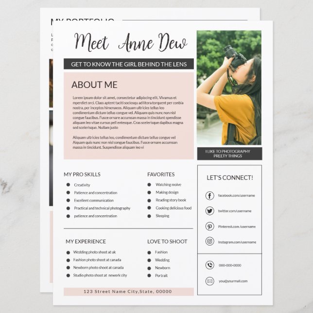 Plantilla de página para fotógrafos sobre mí (Anverso / Reverso)