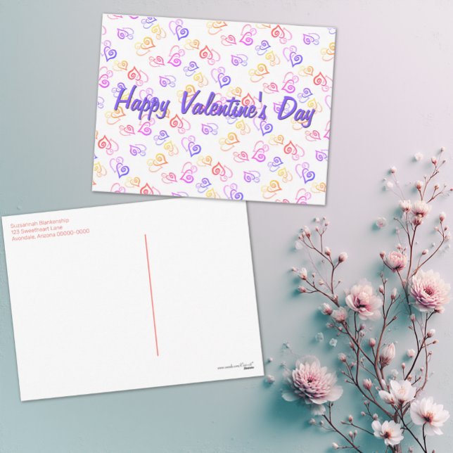 Plantilla de patrón artístico de corazón vinculado (Easy to personalize postcard design featuring a colorful linked heart pattern.)