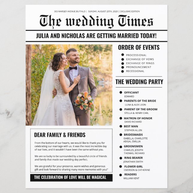 Plantilla de periódico del programa de bodas (Anverso)