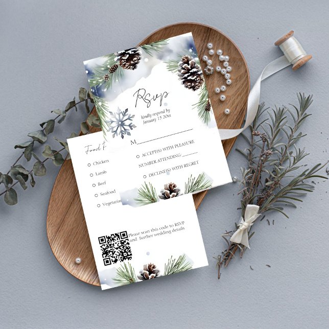 Plantilla de pinos nevados de acuarela de bodas de (Snowy pines winter wedding RSVP card with QR at the back watercolor pines with pine cones)