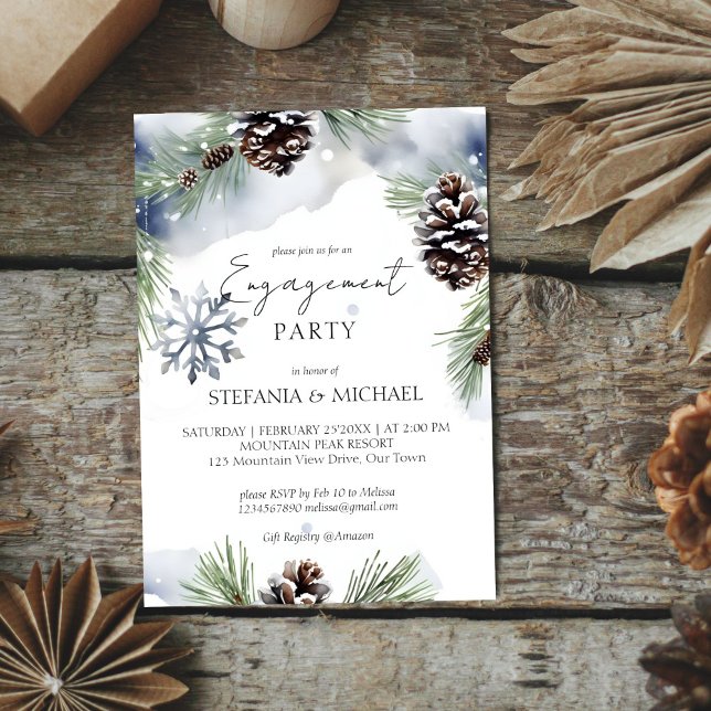 Plantilla de pinos nevados de acuarela de compromi (Winter engagement party editable template invitation digital download watercolor snowy pines )