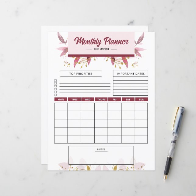 Plantilla de Planner Imprimible mensual (Anverso/Reverso In Situ)
