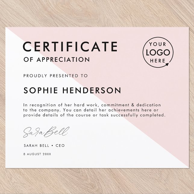 Plantilla de premio del logotipo profesional rosa  (Versatile award certificate template with your company logo for team recognition & appreciation!)