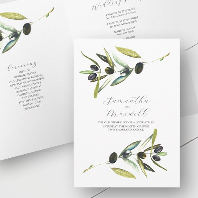 Plantilla de Programa de Boda Acuarela Olivo Dobla (Rustic wedding program watercolor olive branch art by Victoria Grigaliunas of Do Tell A Belle)