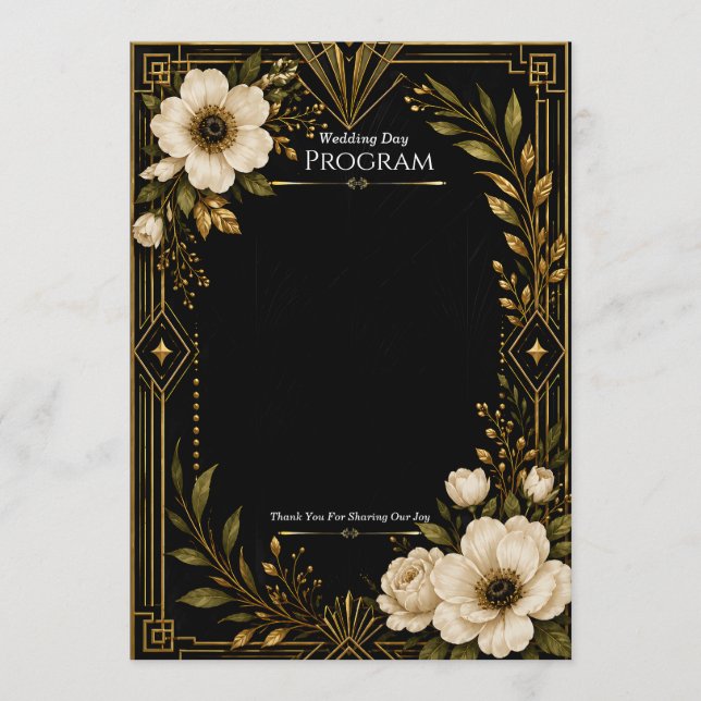 Plantilla de Programa de Boda Art Déco Negro y Dor (Anverso)