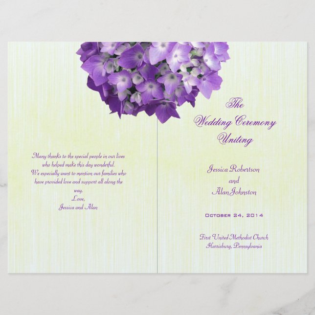 Plantilla de programa de boda doblado de Hortensia (Anverso)