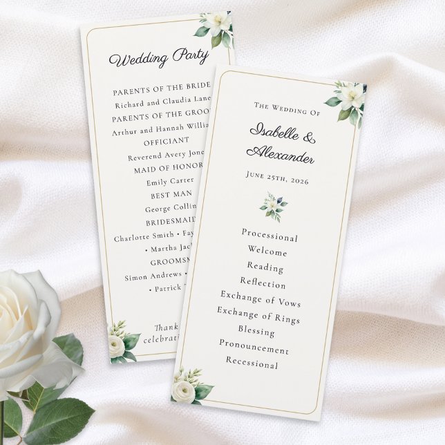 Plantilla de Programa de Boda Floral Elegante (An elegant wedding program personalized with the couple's names, wedding date and ceremony details)