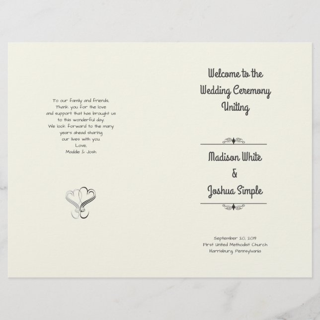 Plantilla de programa de boda plegada de corazón d (Anverso)