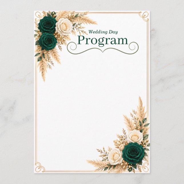 Plantilla de programa de boda verde esmeralda y do (Anverso)