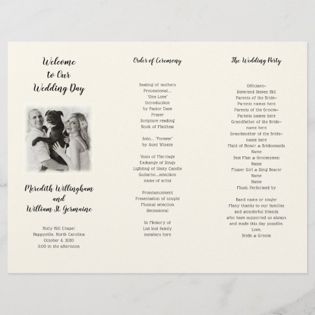 Plantilla de programa de ceremonia de boda con fot (Anverso)
